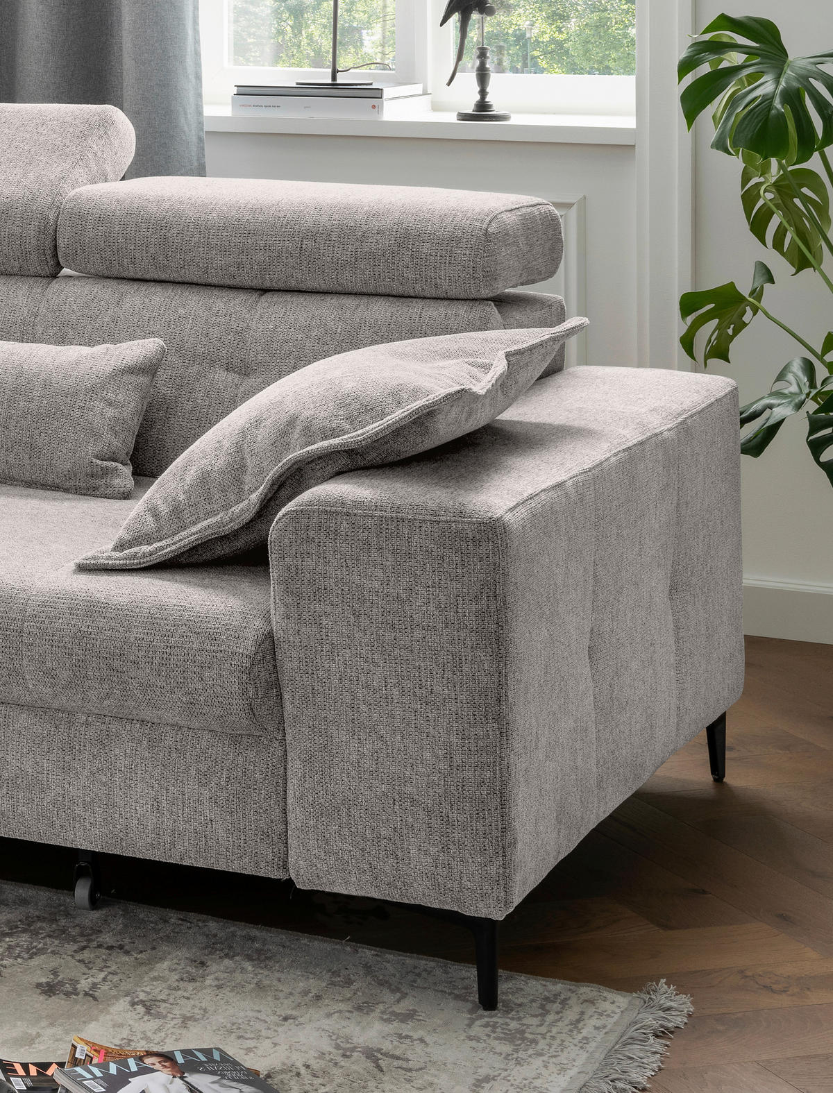 ECKSOFA NEAPEL Grau Chenille Zierkissen, Nierenkissen, Schlaffunktion, Kopfteilverstellung, Stauraum  - Schwarz/Grau, Basics, Textil/Metall (186/270cm) - Livetastic