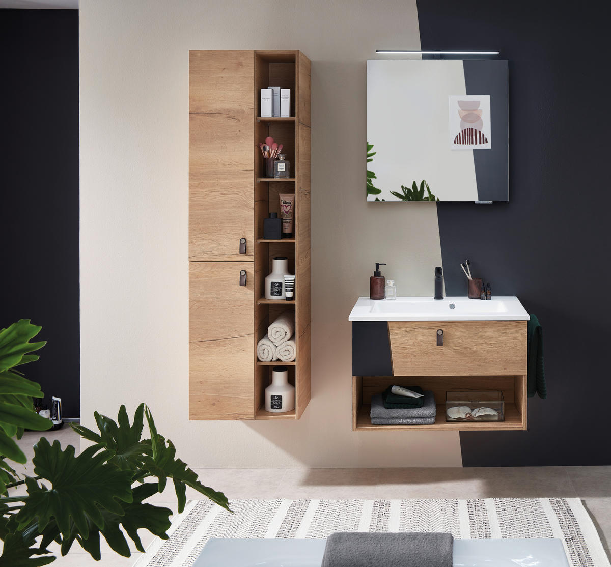 WASCHTISCHKOMBI 78 cm  - Eichefarben/Schwarz, KONVENTIONELL, Leder/Glas (78cm) - Sadena