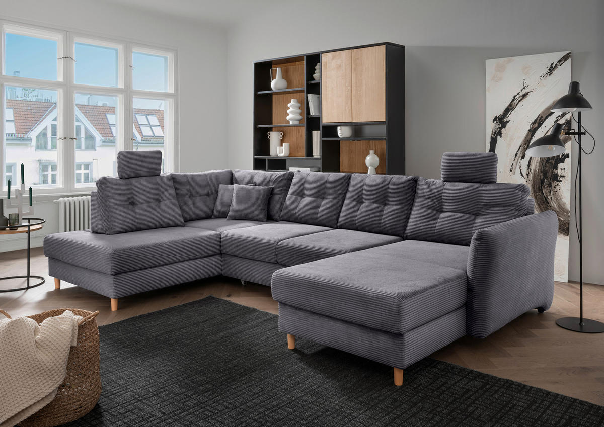 WOHNLANDSCHAFT in Cord Grau  - Naturfarben/Grau, Modern, Holz/Textil (206/338-352/176cm) - Livetastic
