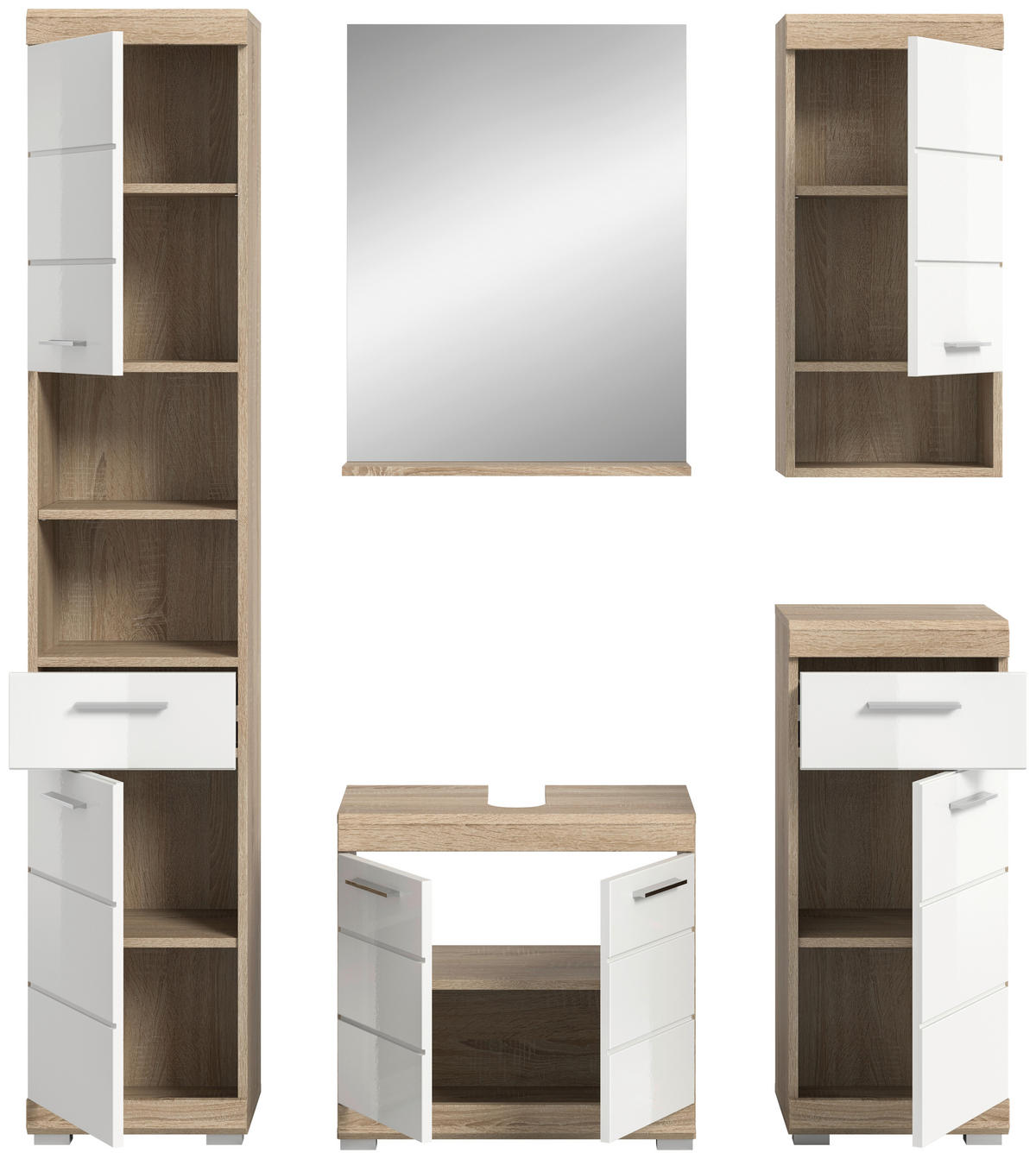 BADEZIMMER 5-teilig  in 134 cm  - Weiß Hochglanz/Silberfarben, MODERN, Glas/Holzwerkstoff (134cm) - MID.YOU