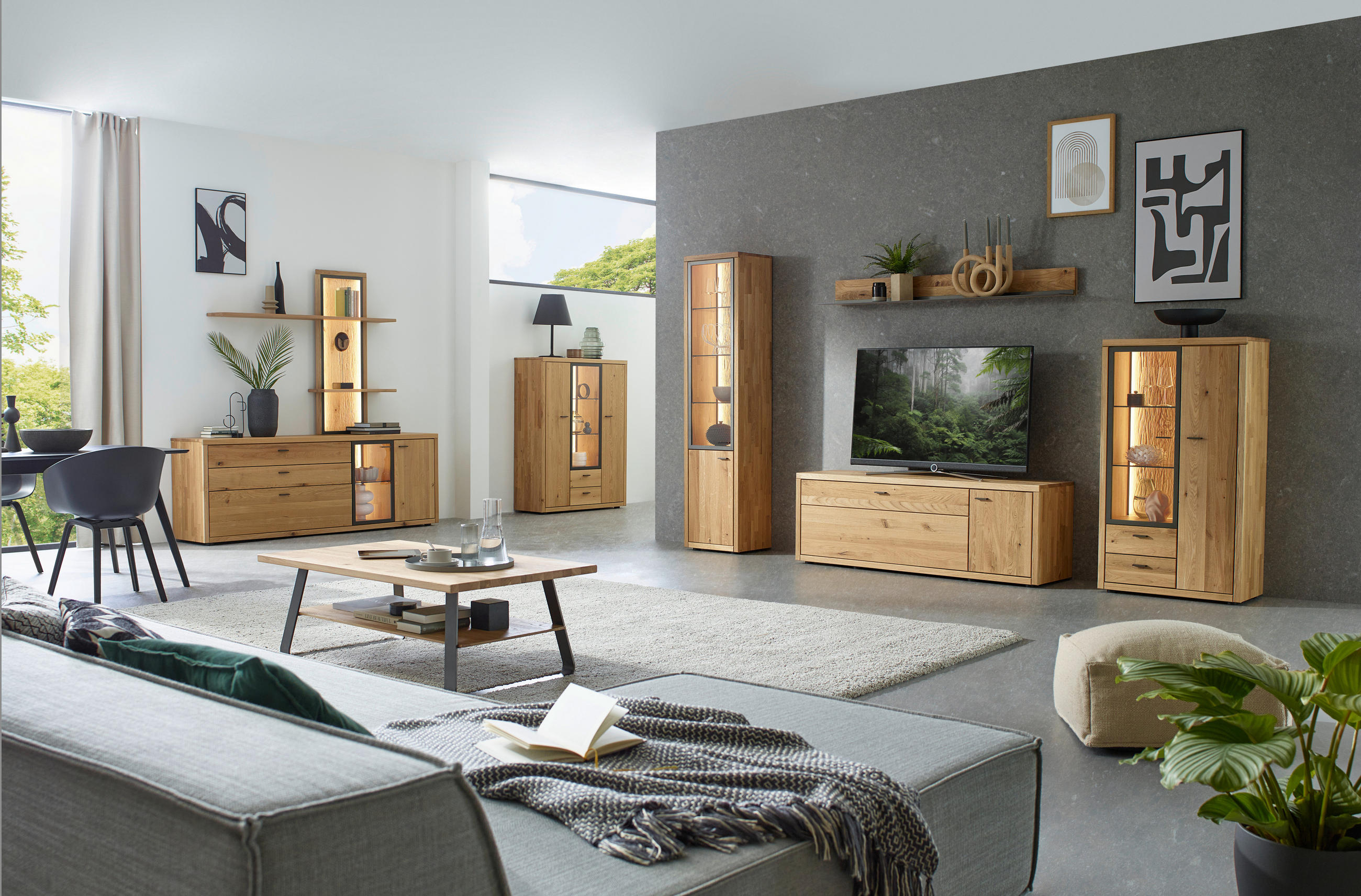 WOHNWAND  in Dunkelgrau, Wildeiche  324/202/45 cm  - Wildeiche/Dunkelgrau, Design, Glas/Holz (324/202/45cm) - Valnatura