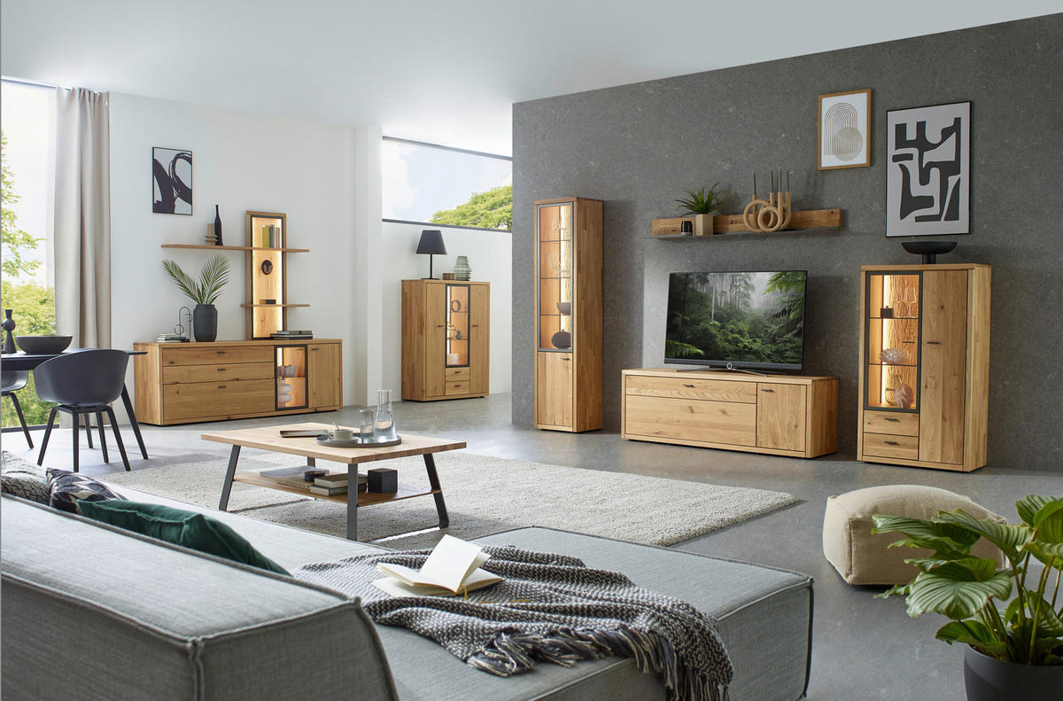 WOHNWAND  in Dunkelgrau, Wildeiche 324/202/45 cm  - Wildeiche/Dunkelgrau, Design, Glas/Holz (324/202/45cm) - Valnatura