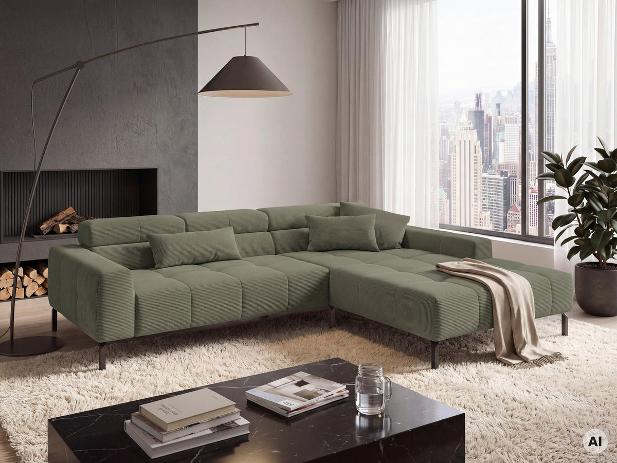ECKSOFA Olivgrün Feincord Rücken echt, Kopfteilverstellung, Sitztiefenverstellung  - Schwarz/Olivgrün, KONVENTIONELL, Textil/Metall (293/226cm) - Hom`in