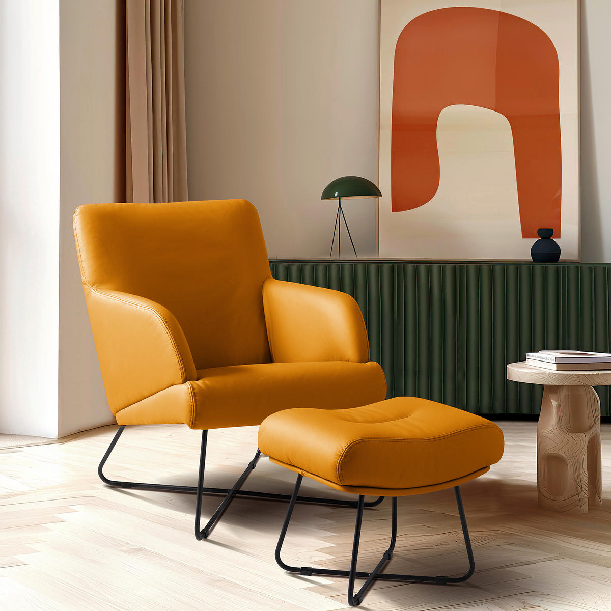 SESSELSET Echtleder Currygelb  - Currygelb/Schwarz, Design, Leder/Metall (67/87/74cm) - Livetastic