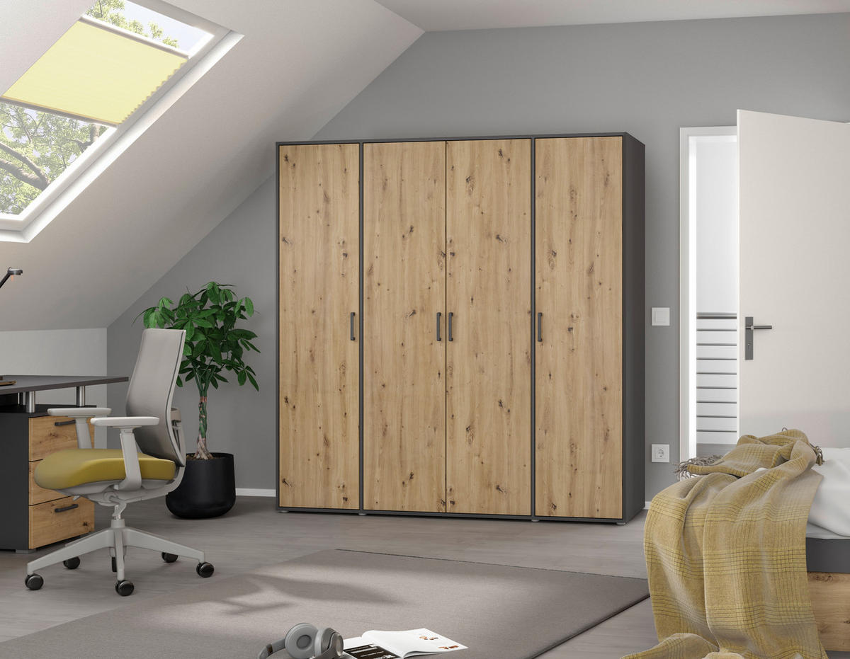 DREHTÜRENSCHRANK in Grau, Eiche Artisan  - Eiche Artisan/Grau, Modern, Holzwerkstoff/Kunststoff (187/194/53cm) - Rauch Möbel