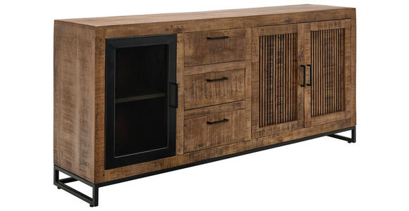 SIDEBOARD Mangoholz massiv Naturfarben, Hellbraun  - Hellbraun/Schwarz, Design, Glas/Holz (175/80/40cm) - Carryhome