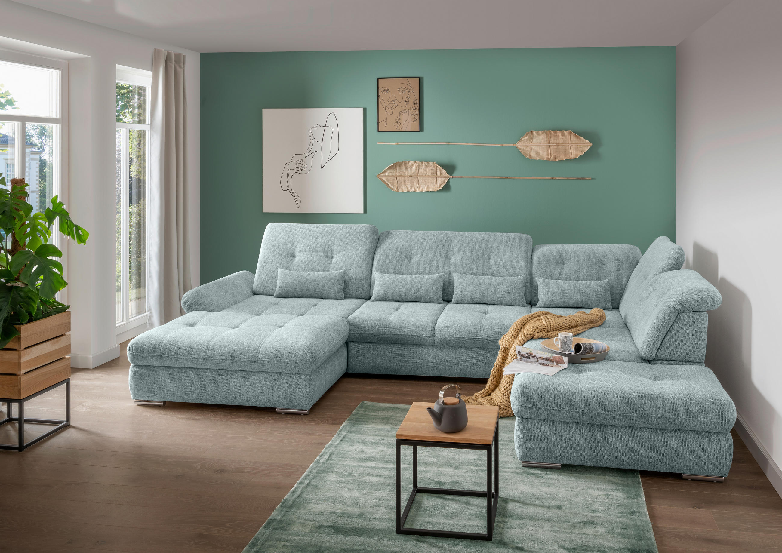 WOHNLANDSCHAFT in Chenille Blau - Chromfarben/Blau, Design, Textil/Metall (195/376/254cm) - Livetastic