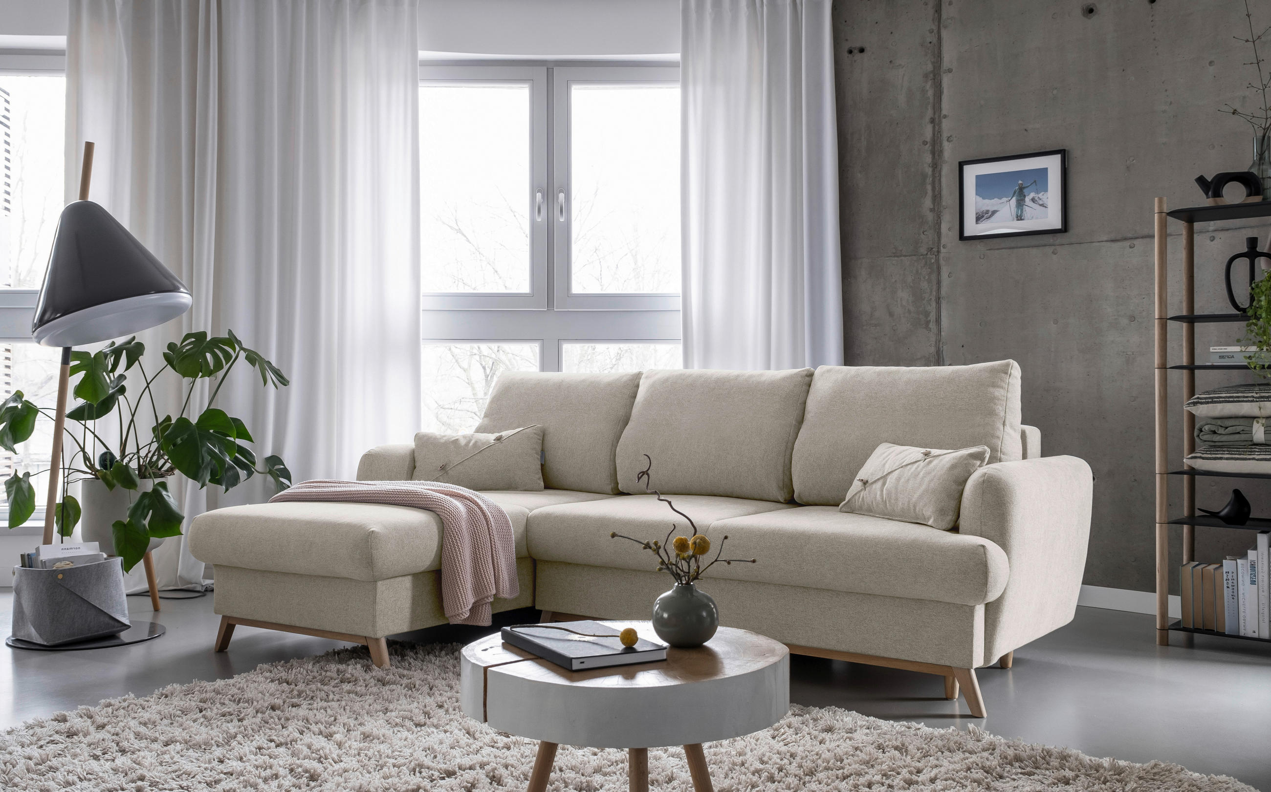 ECKSOFA Beige Chenille  - Beige/Naturfarben, Holz/Textil (157/235cm) - MID.YOU