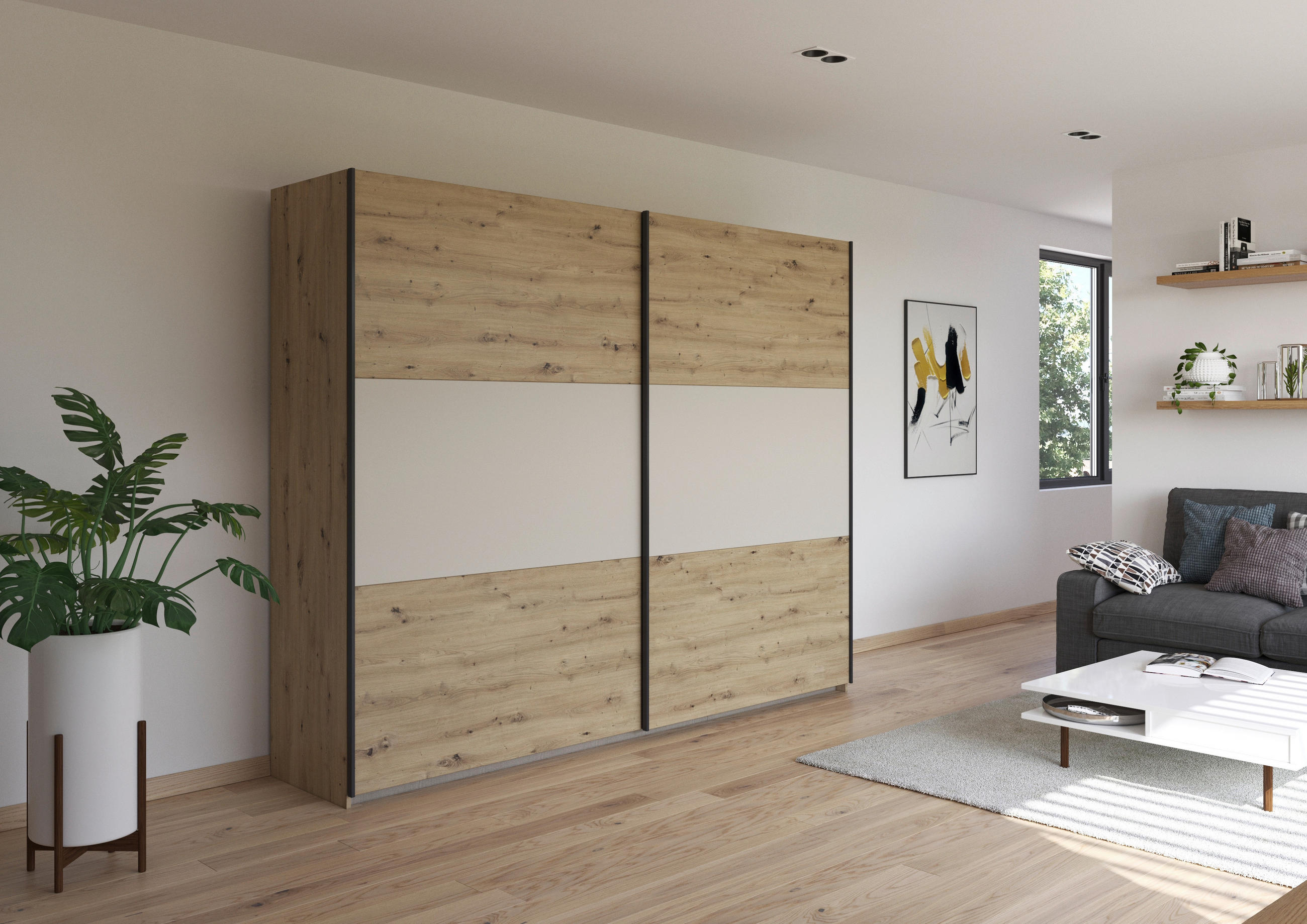 SCHWEBETÜRENSCHRANK in Alufarben, Champagner, Eiche Artisan  - Champagner/Alufarben, Modern, Holzwerkstoff/Metall (261/210/59cm) - Rauch Möbel