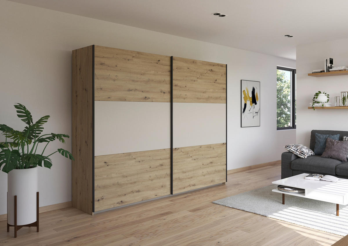 SCHWEBETÜRENSCHRANK  in Champagner, Eiche Artisan, Alufarben  - Champagner/Alufarben, MODERN, Holzwerkstoff/Metall (261/210/59cm) - Rauch Möbel