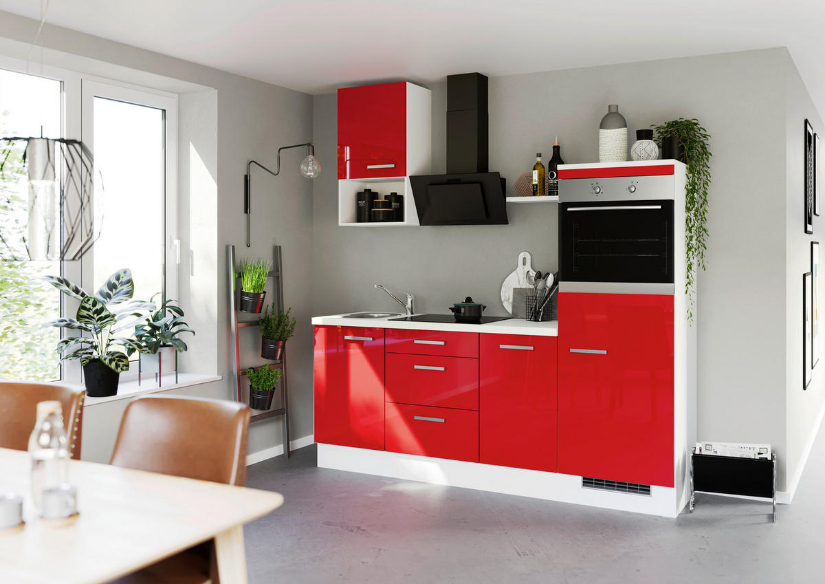 KÜCHENBLOCK 215 cm   in Rot, Weiß  - Edelstahlfarben/Rot, Trend, Holzwerkstoff/Metall (215cm) - Impuls