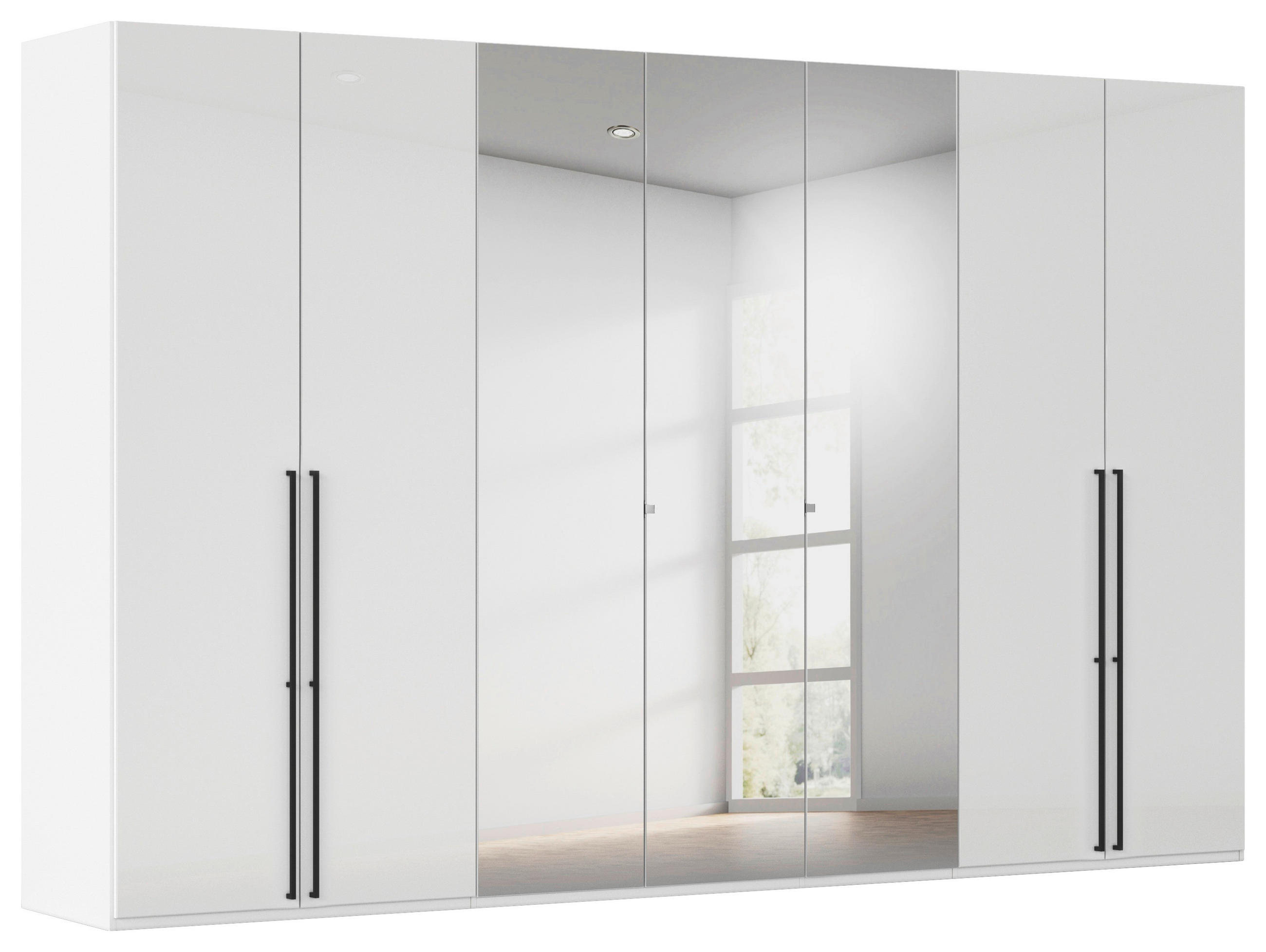 DREHTÜRENSCHRANK 350/223/61 cm,  in Weiß, Weiß Hochglanz, 7-türig  - Chromfarben/Weiß Hochglanz, Basics, Glas/Holzwerkstoff (350/223/61cm) - Novel