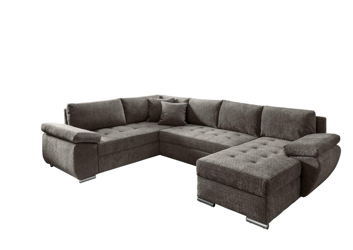 Wohnlandschaft in Mikrofaser Graubraun  - Chromfarben/Graubraun, KONVENTIONELL, Textil (219/305/157cm) - Livetastic