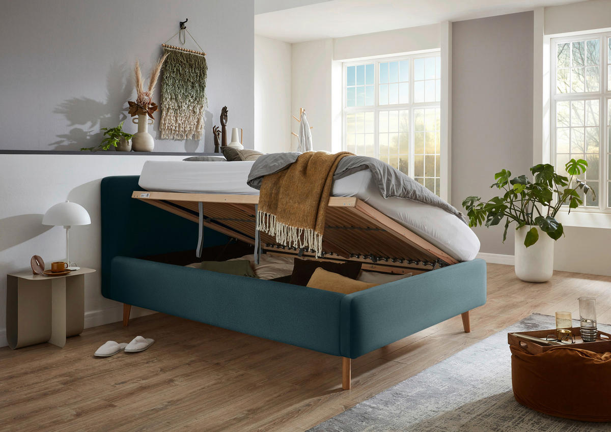 POLSTERBETT Lattenrost, Bettkasten 140/200 cm  in Blau  - Blau/Eichefarben, Design, Holz/Textil (140/200cm) - Xora