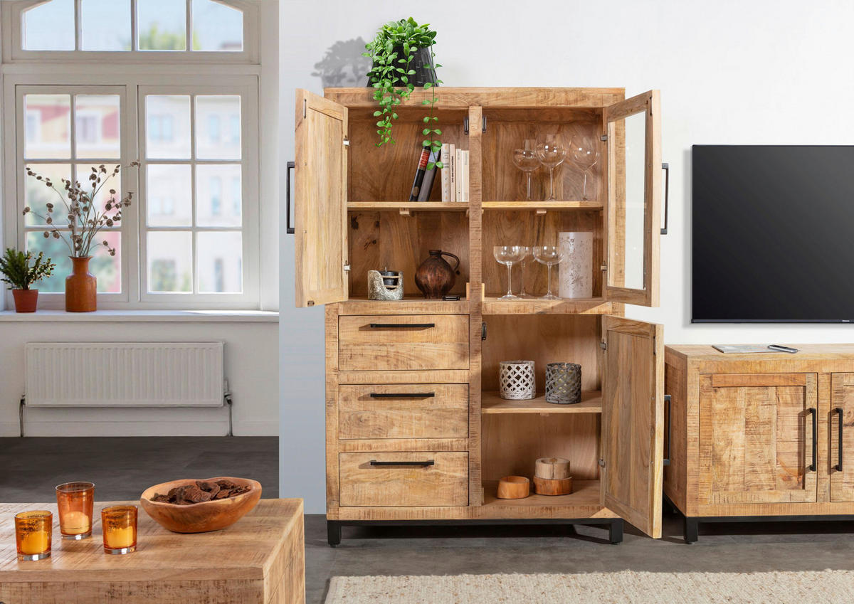 HIGHBOARD  95/145/40 cm 3 Schublade(n)  - Schwarz/Naturfarben, Design, Glas/Holz (95/145/40cm) - Landscape