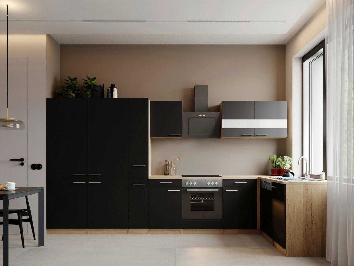 ECKKÜCHE Merle 370/172 cm  in Schwarz  - Edelstahlfarben/Eichefarben, Trend, Holzwerkstoff/Metall (370/172cm) - Respekta