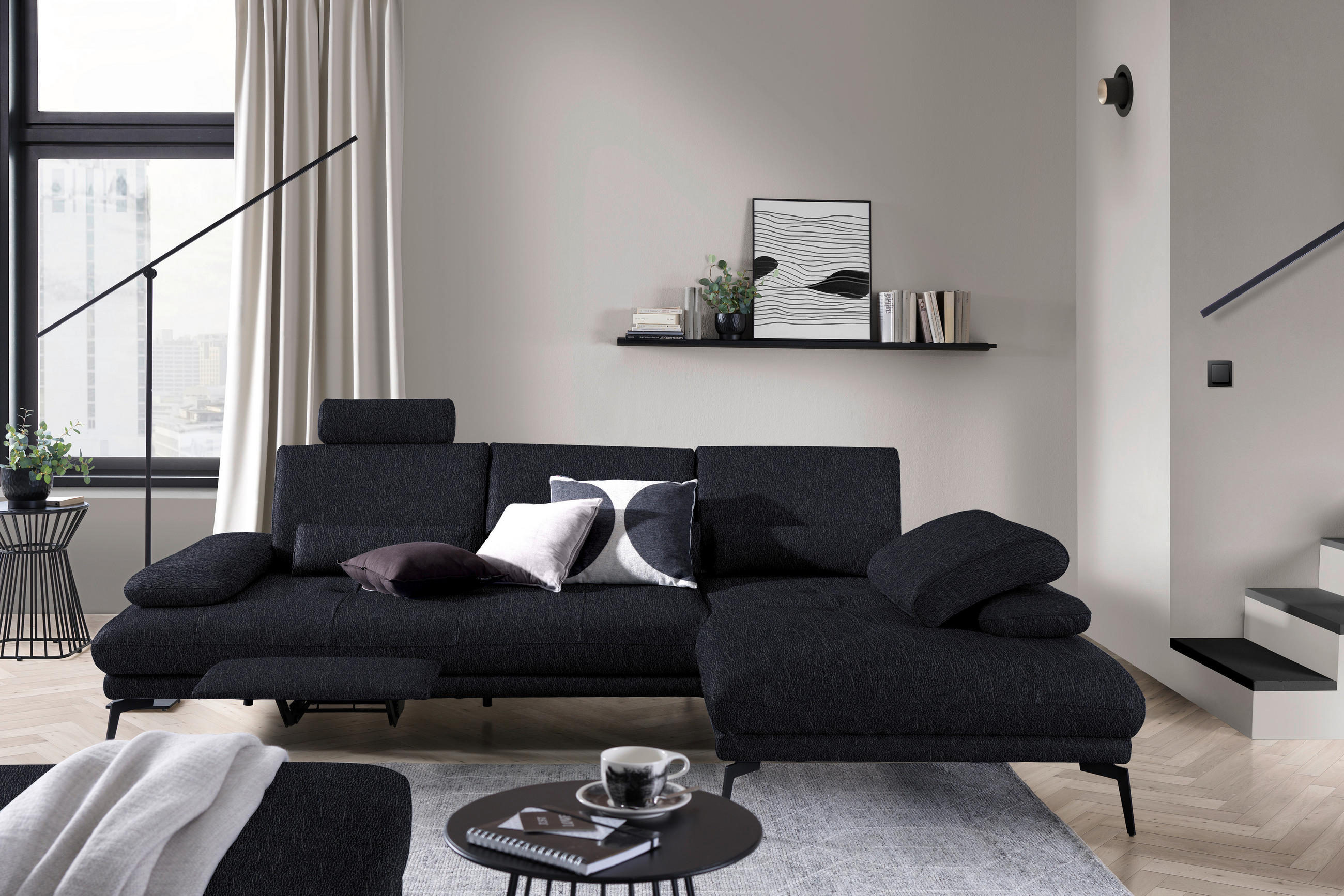 ECKSOFA in Echtleder Schwarz  - Schwarz, Design, Leder/Metall (273/187cm) - Celina Home