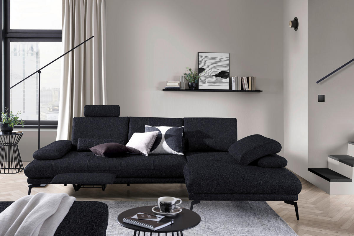 ECKSOFA in Echtleder Schwarz  - Schwarz, Design, Leder/Metall (273/187cm) - Celina Home