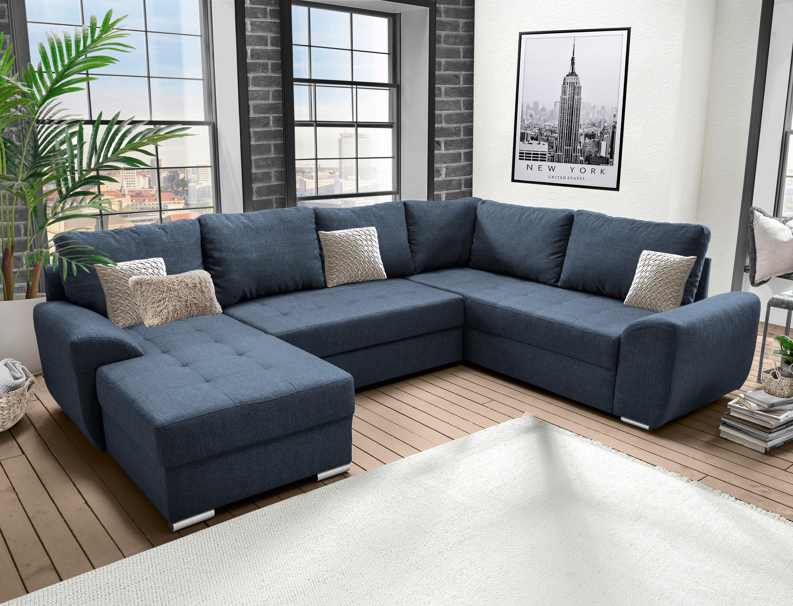 WOHNLANDSCHAFT Blau Mikrofaser  - Chromfarben/Blau, KONVENTIONELL, Textil/Metall (156/292/218cm) - Livetastic