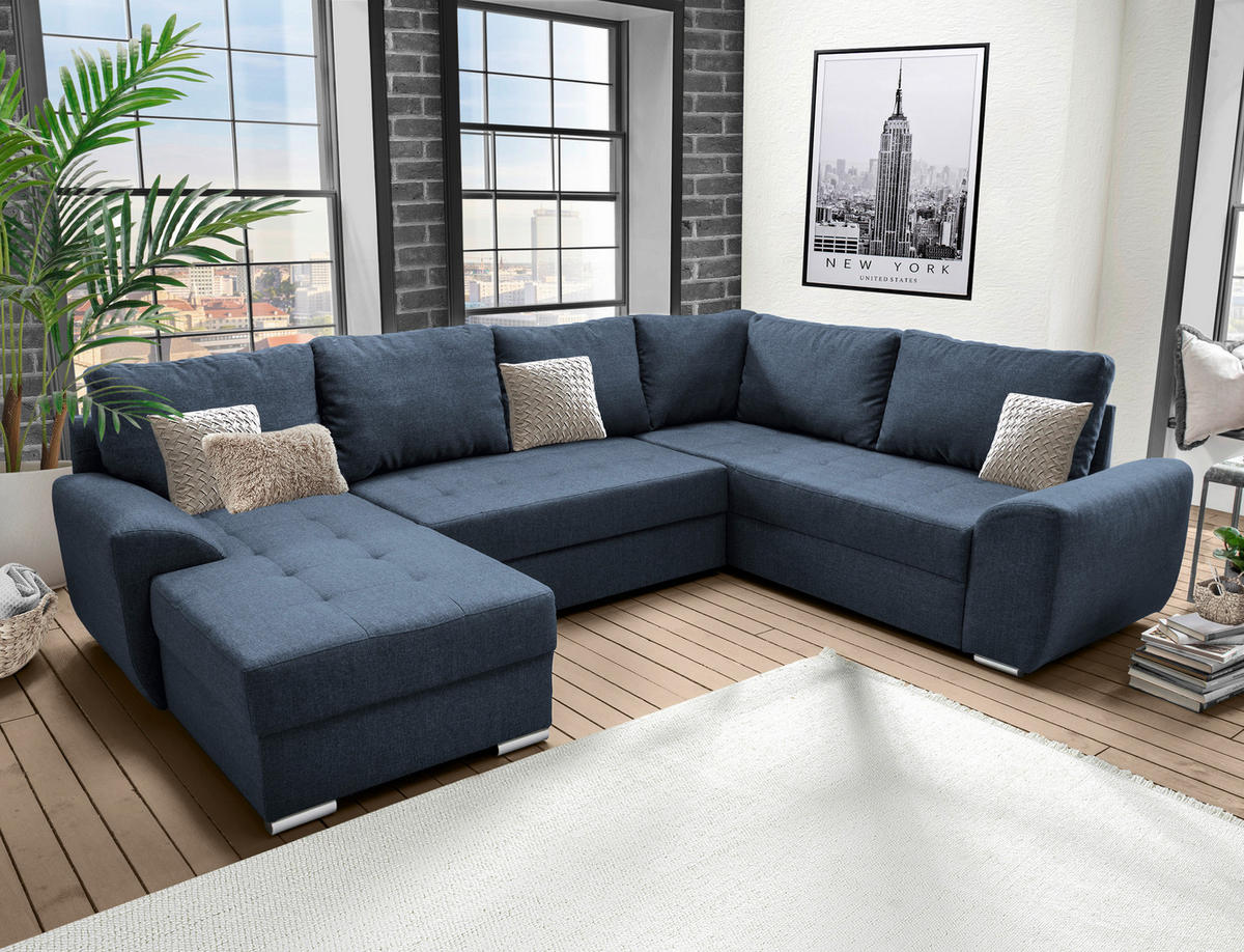 WOHNLANDSCHAFT Blau Mikrofaser  - Chromfarben/Blau, KONVENTIONELL, Textil/Metall (156/292/218cm) - Livetastic