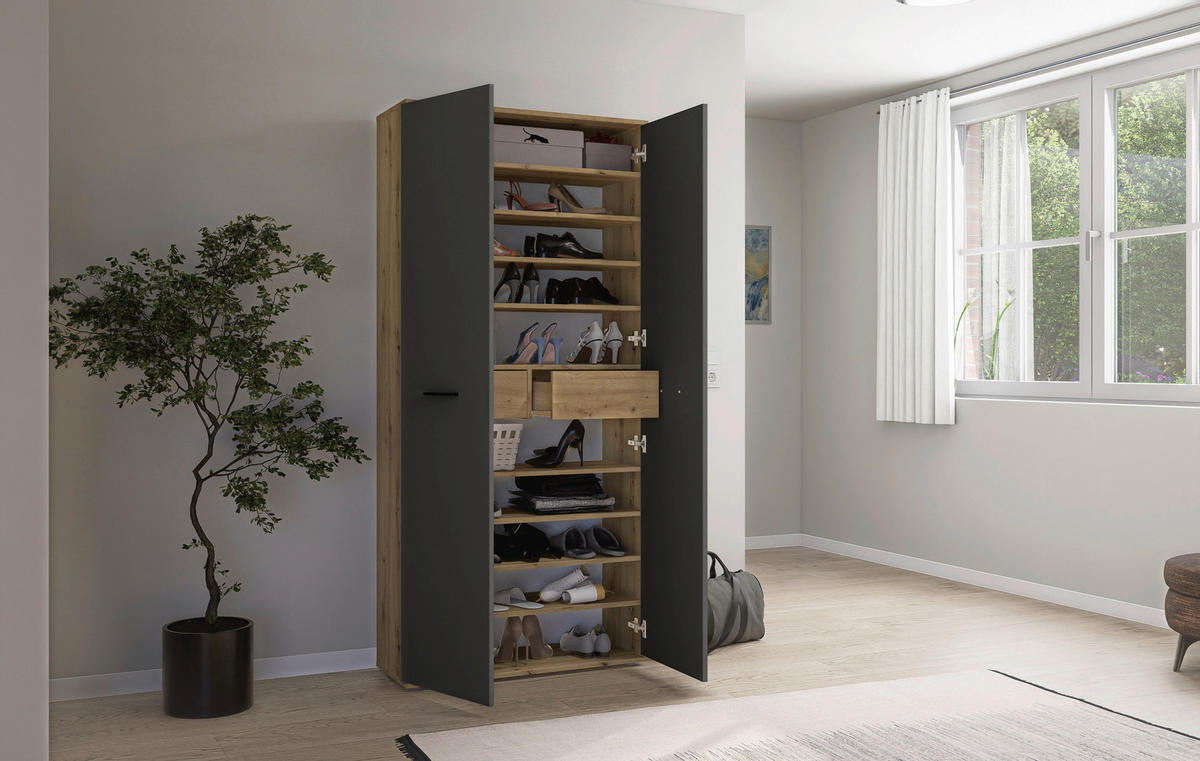 SCHUHSCHRANK Anthrazit, Eiche Artisan  - Anthrazit/Silberfarben, Basics, Holzwerkstoff/Kunststoff (90/195/35cm) - Xora