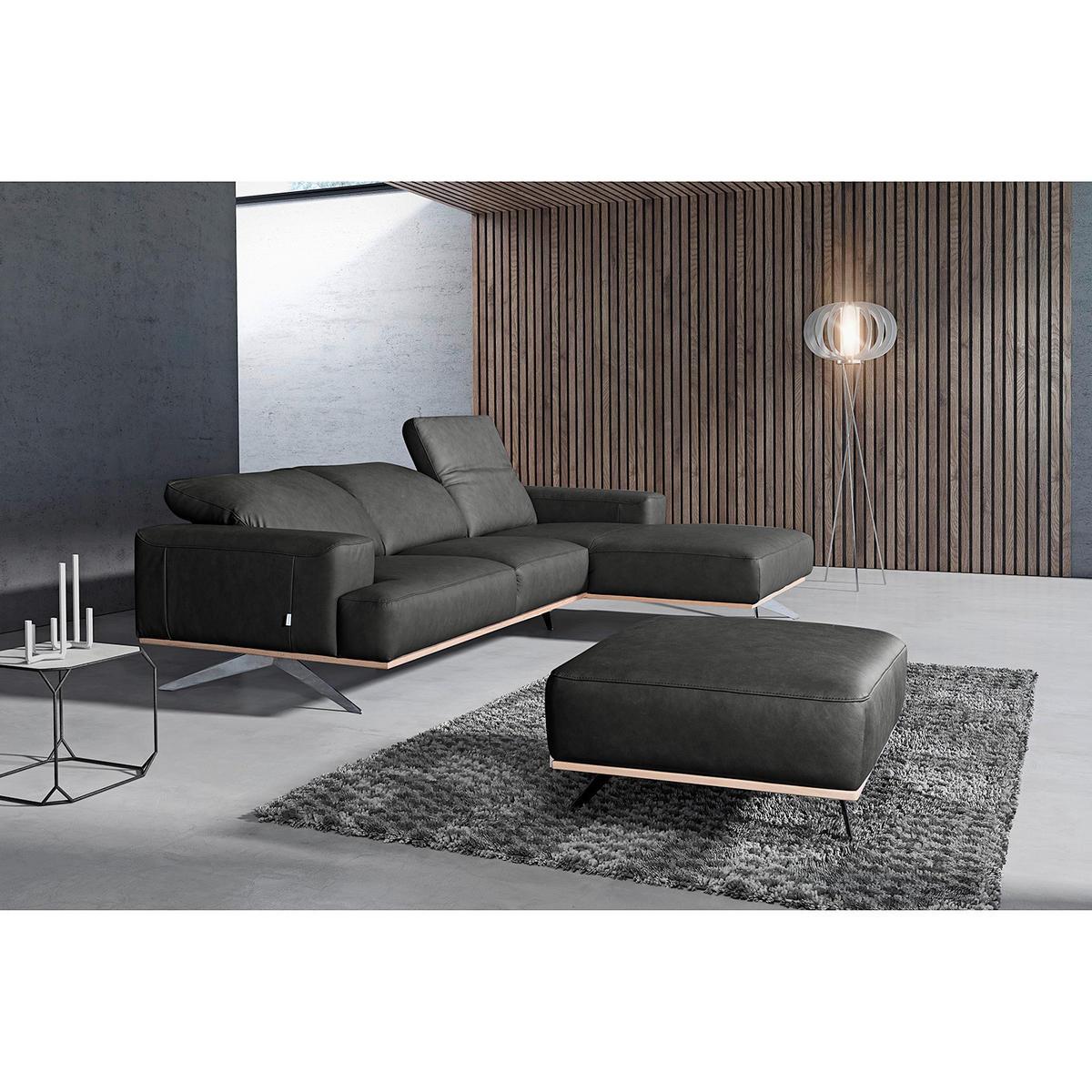 HOCKER Echtleder Schwarz  - Chromfarben/Schwarz, Design, Leder/Metall (95/46/80cm) - Livetastic