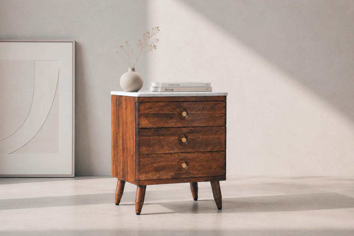 KOMMODE , 55/60/40 cm, 3 Schublade(n)  - Goldfarben/Naturfarben, Design, Holz/Stein (55/60/40cm) - Livetastic