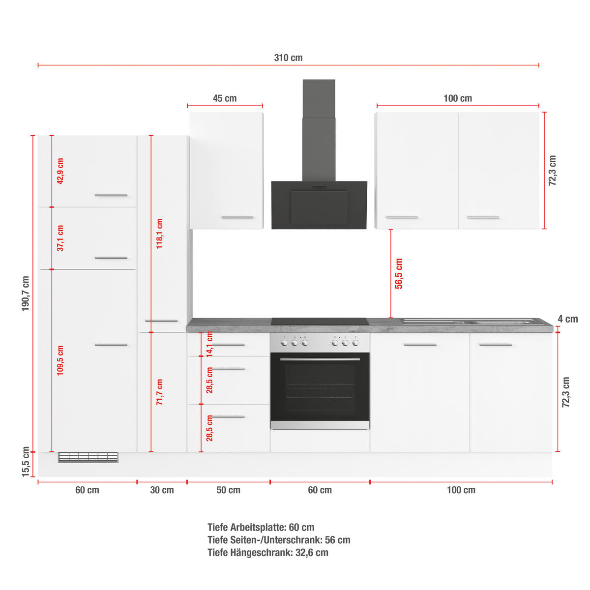 KÜCHENBLOCK 310 cm   in Weiß  - Eichefarben/Silberfarben, Trend, Holzwerkstoff/Metall (310cm) - Impuls