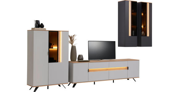 WOHNWAND  in Anthrazit, Eichefarben, Hellgrau  384,4/206/48 cm  - Eichefarben/Anthrazit, Design, Glas/Holz (384,4/206/48cm) - Dieter Knoll