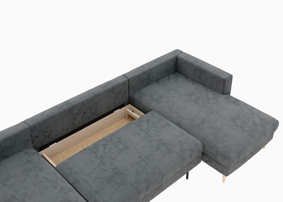 WOHNLANDSCHAFT Dunkelgrau Cord  - Dunkelgrau/Buchefarben, MODERN, Holz/Textil (161/306/161cm) - Trendmanufaktur