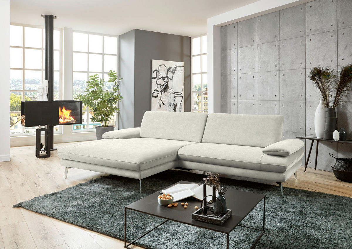 ECKSOFA in Velours Ecru  184/284 cm  - Ecru/Schwarz, Design, Textil/Metall (184/284cm) - Dieter Knoll