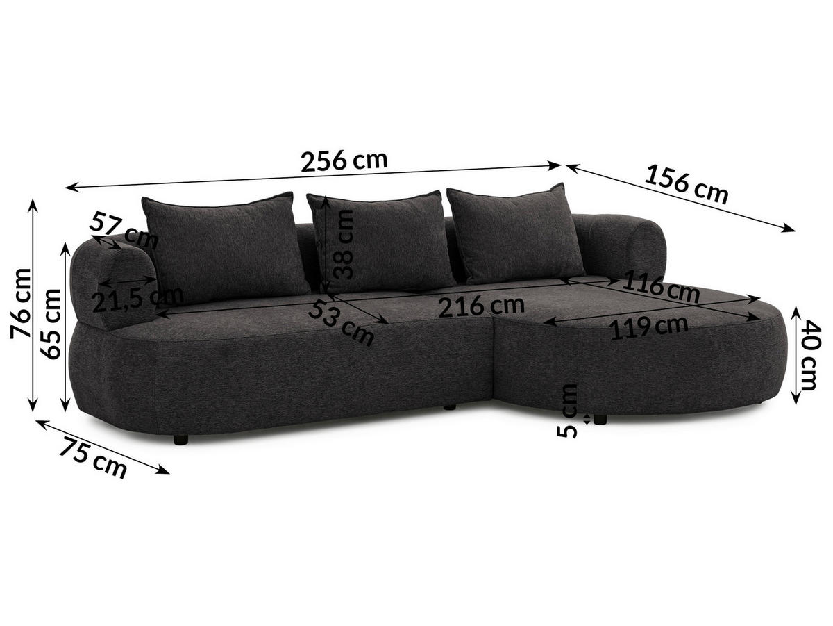 ECKSOFA in Chenille Schwarz  256/156 cm  - Schwarz, Design, Kunststoff/Textil (256/156cm) - Livetastic