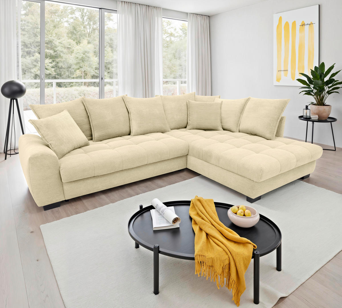 ECKSOFA Naturfarben Cord Rückenkissen, Armlehnenkissen, Bettkasten, Schlaffunktion, Rücken echt, Liegefläche im Originalstoff  - Schwarz/Naturfarben, KONVENTIONELL, Kunststoff/Textil (304/212cm) - Carryhome