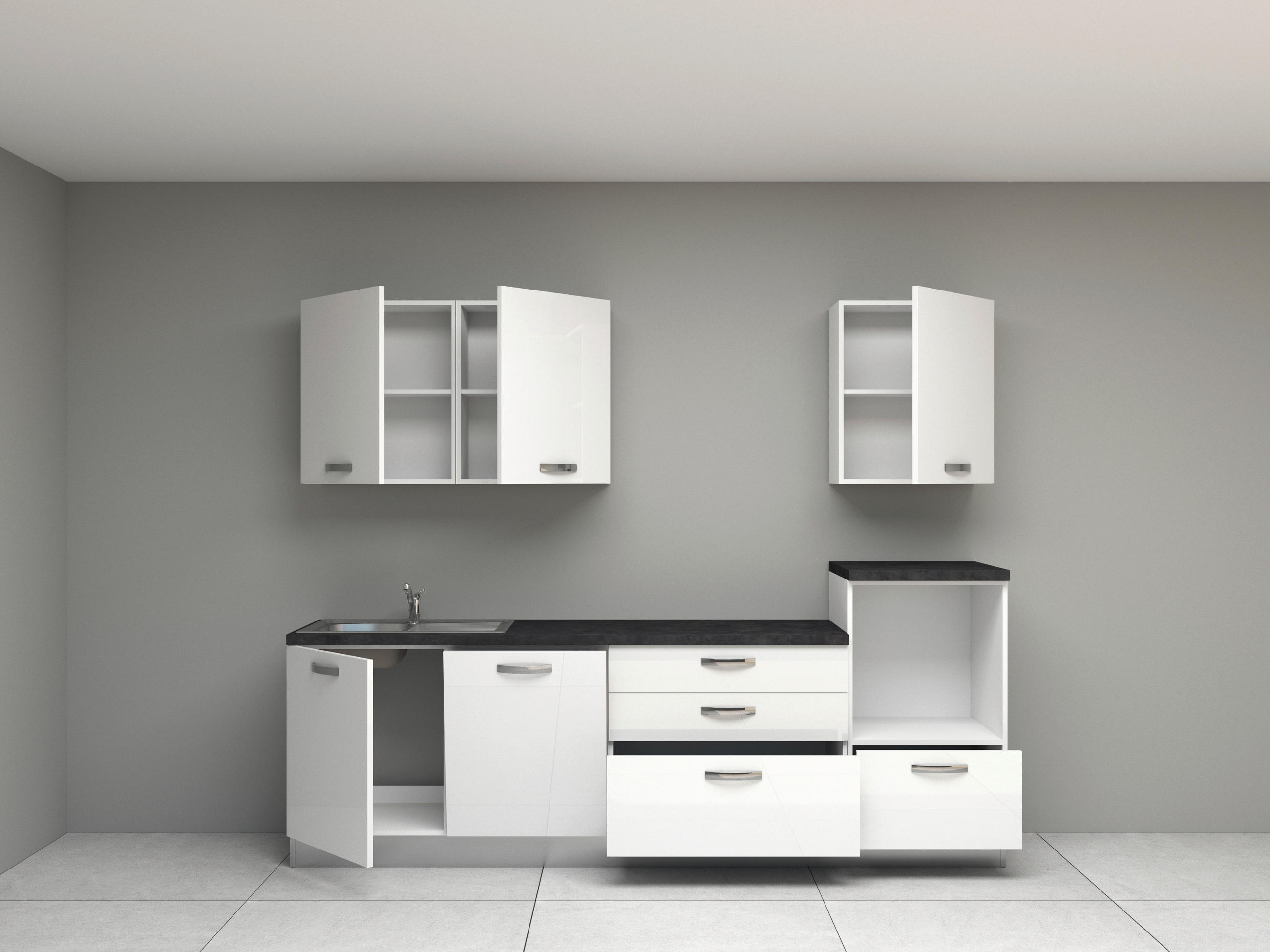 BLOK KUHINJA BEZ APARATA  bijela visoki sjaj  - bijela/tamno siva, Basics, drvni materijal/metal (270cm)