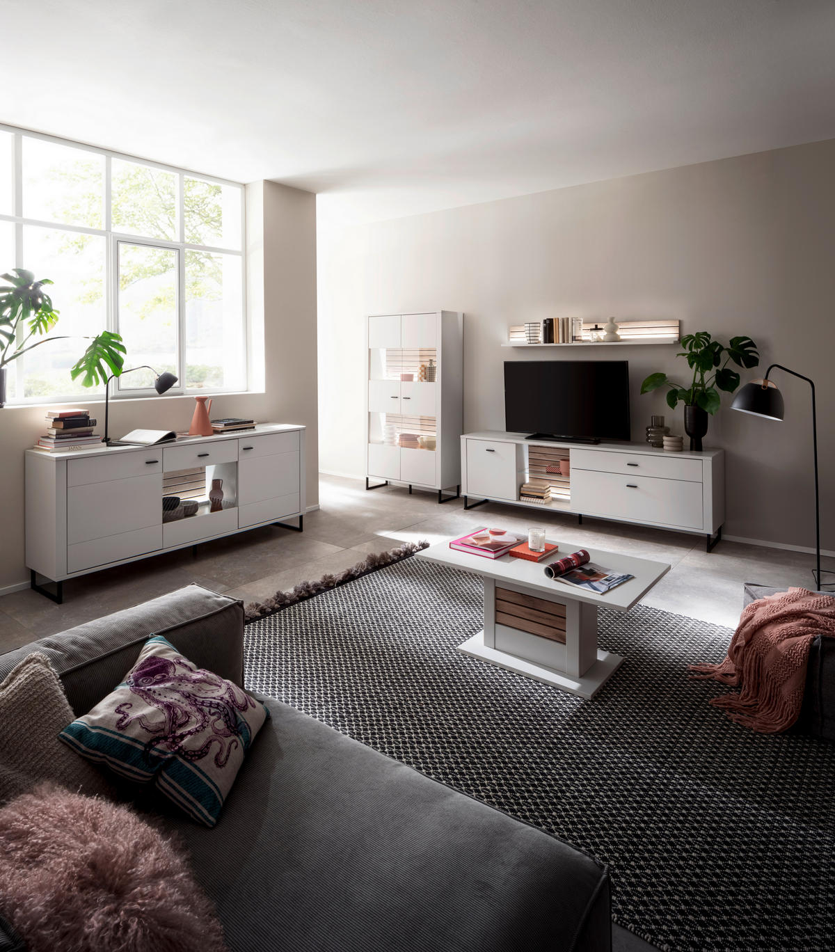 WOHNWAND  in Weiss, Eichefarben 326/185/44 cm  - Weiss/Eichefarben, Design, Glas/Holzwerkstoff (326/185/44cm) - Stylife