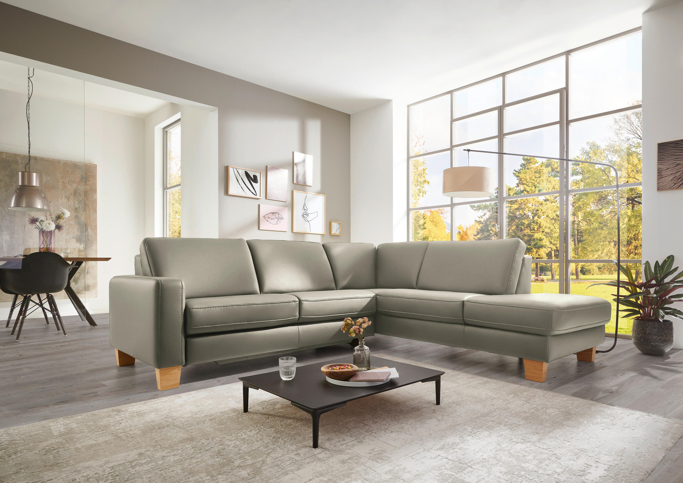 ECKSOFA in Echtleder Grau  - Eiche Bianco/Grau, Konventionell, Leder/Holz (257/235cm) - Valdera