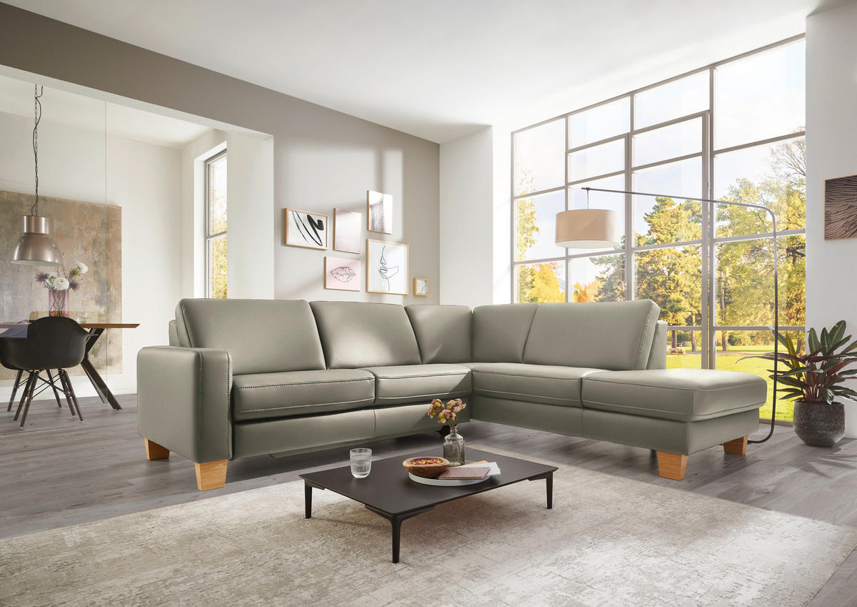 ECKSOFA in Echtleder Grau  - Eiche Bianco/Grau, Konventionell, Leder/Holz (257/235cm) - Valdera