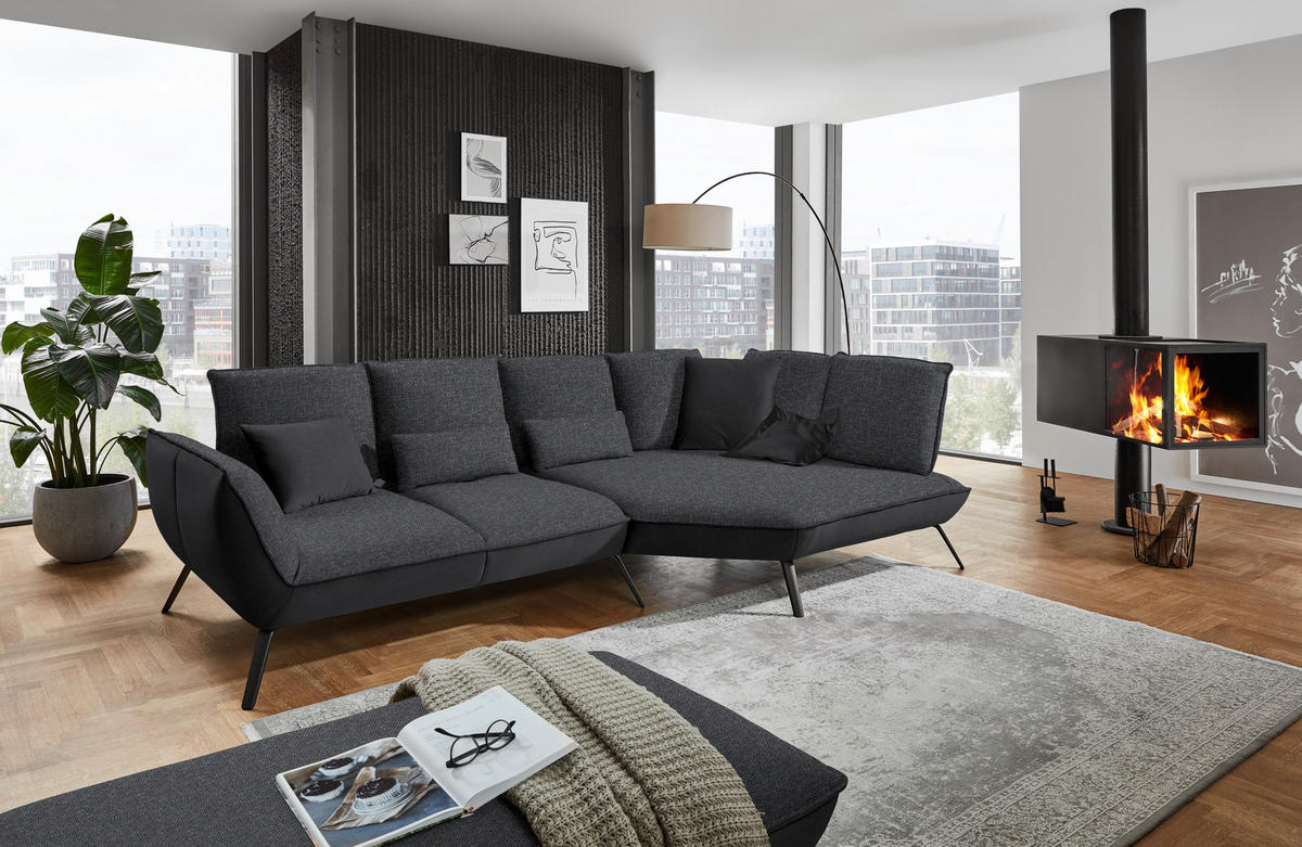 ECKSOFA in Flachgewebe Anthrazit  - Anthrazit/Schwarz, Design, Textil/Metall (320/169cm) - Moderano