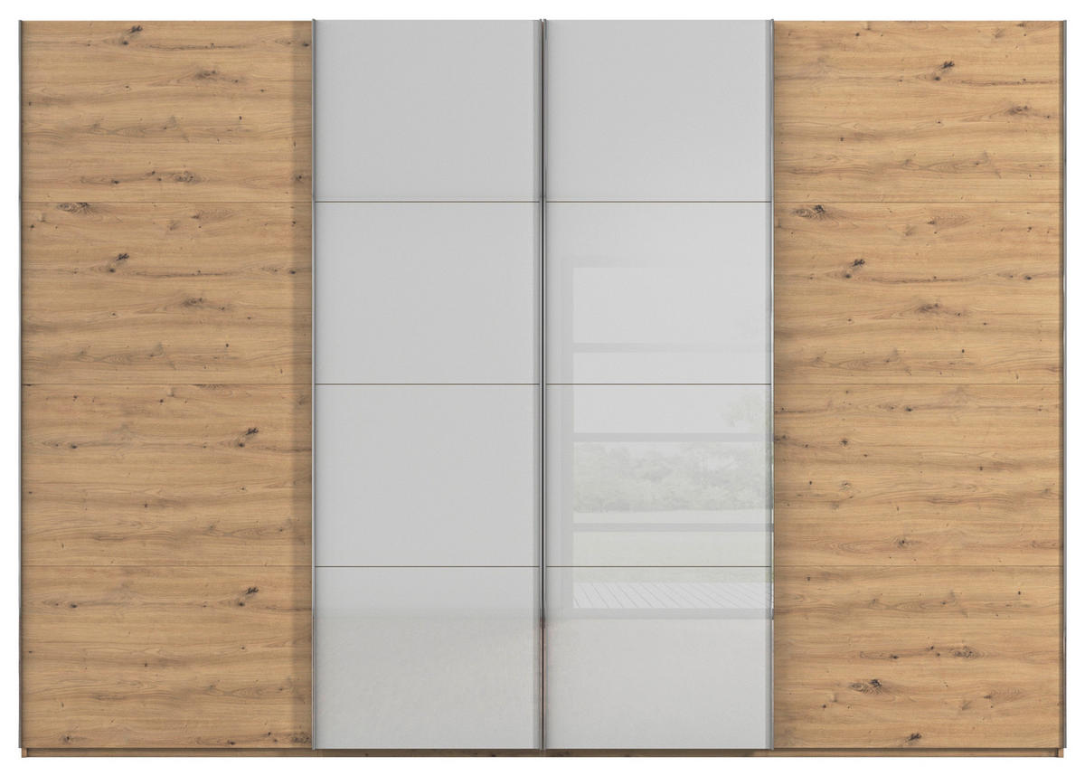 SCHWEBETÜRENSCHRANK 316/235/68 cm 4-türig Grau, Eiche Artisan  - Chromfarben/Eiche Artisan, KONVENTIONELL, Glas/Holzwerkstoff (316/235/68cm) - Novel