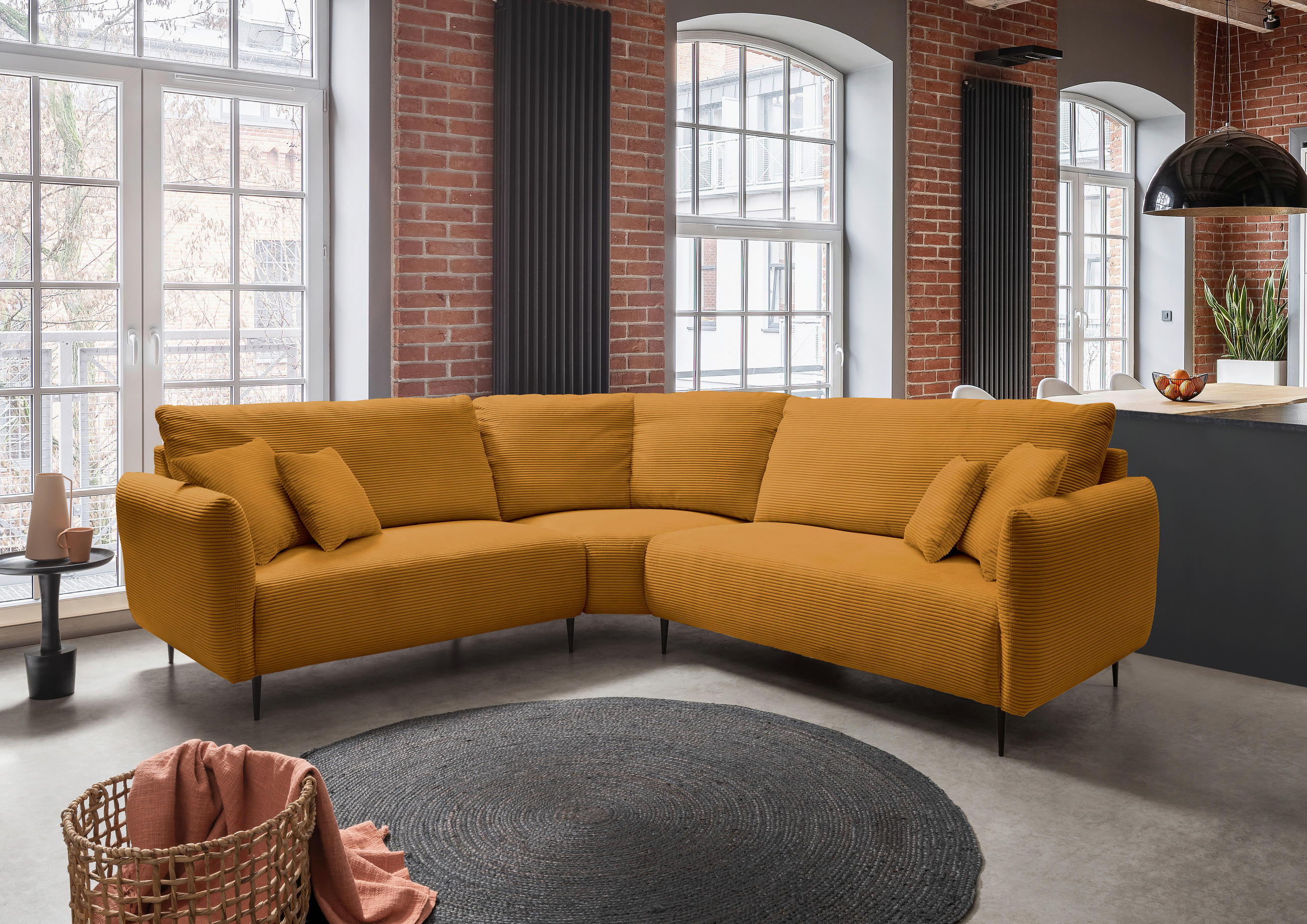 ECKSOFA in Cord Goldfarben  256/256 cm  - Goldfarben/Schwarz, Design, Textil/Metall (256/256cm) - Livetastic