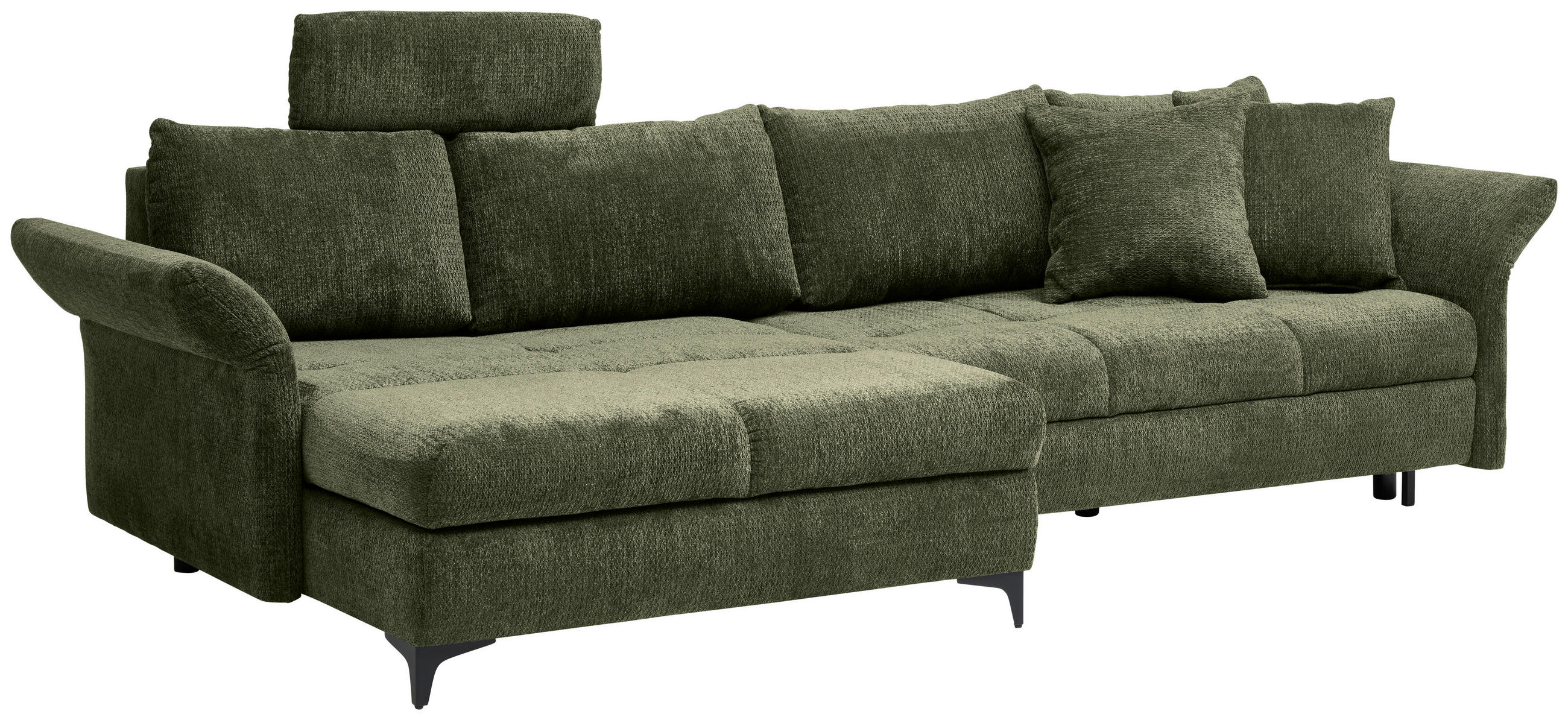 ECKSOFA in Chenille Olivgrün  - Schwarz/Olivgrün, Konventionell, Textil/Metall (291/153cm) - Hom`in