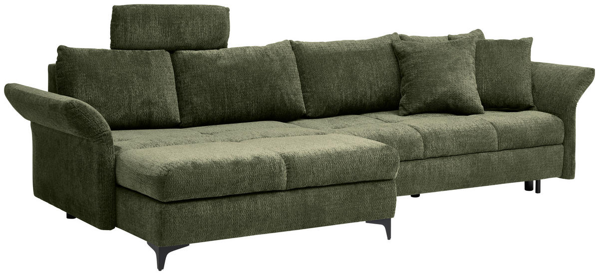ECKSOFA in Chenille Olivgrün  - Schwarz/Olivgrün, Konventionell, Textil/Metall (291/153cm) - Hom`in
