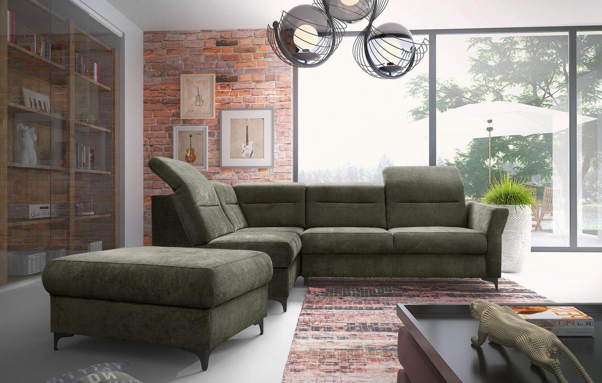 Ecksofa inkl. Funktionen Dunkelgrün Webstoff  - Dunkelgrün/Schwarz, KONVENTIONELL, Textil/Metall (177/272cm) - Stylife