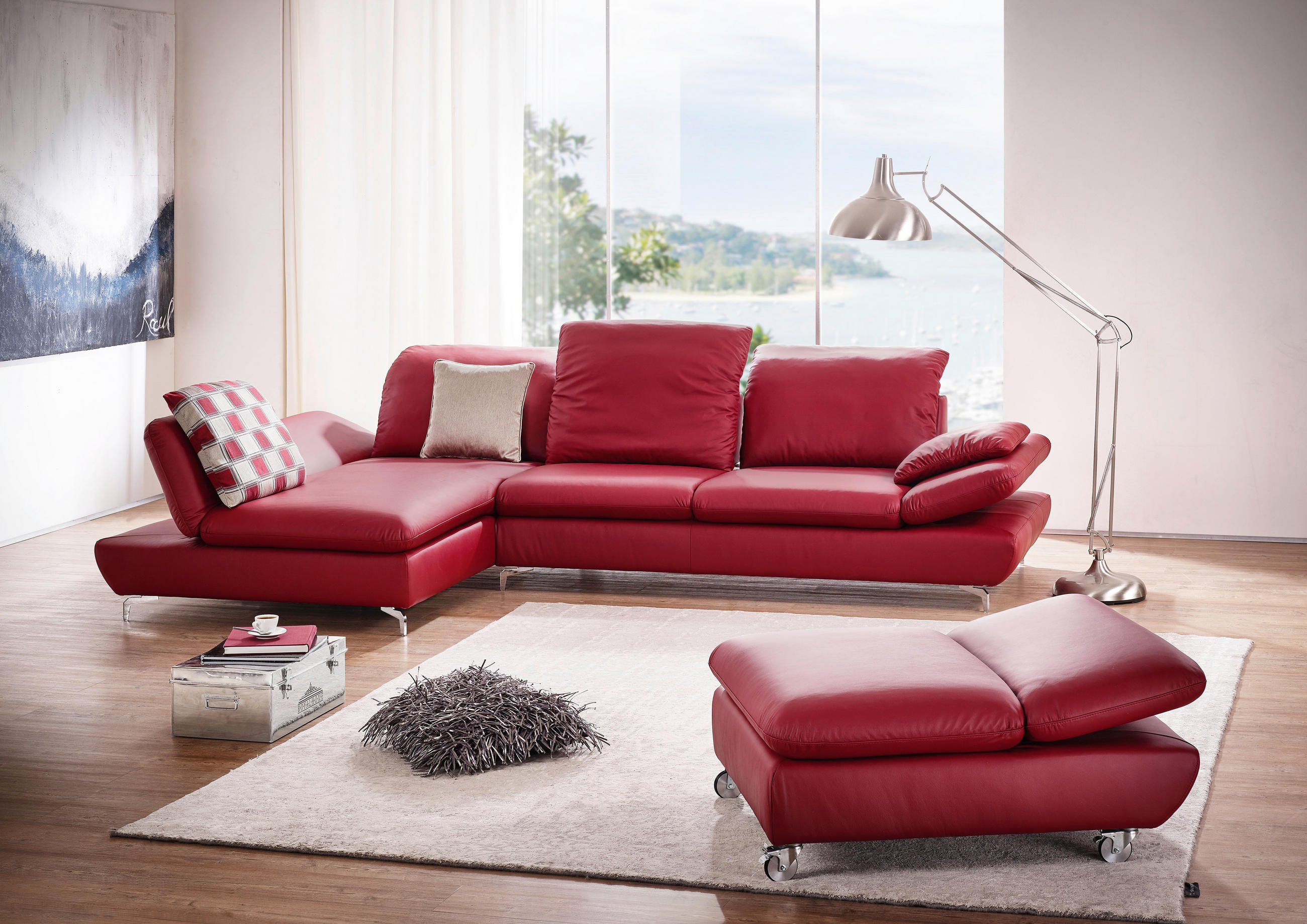 ECKSOFA in Echtleder Rot  - Silberfarben/Rot, Design, Leder/Metall (315/200cm) - Chilliano
