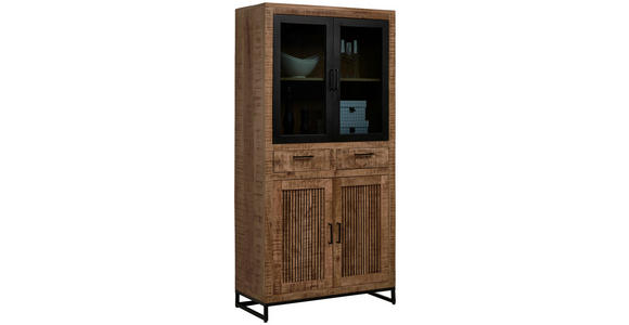 VITRINE  in massiv Mangoholz Naturfarben, Hellbraun - Hellbraun/Schwarz, Design, Glas/Holz (90/180/40cm) - Carryhome