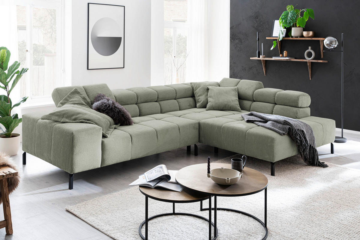 ECKSOFA in Cord Dunkelgrün  - Dunkelgrün/Schwarz, Design, Textil/Metall (321/216cm) - Hom`in
