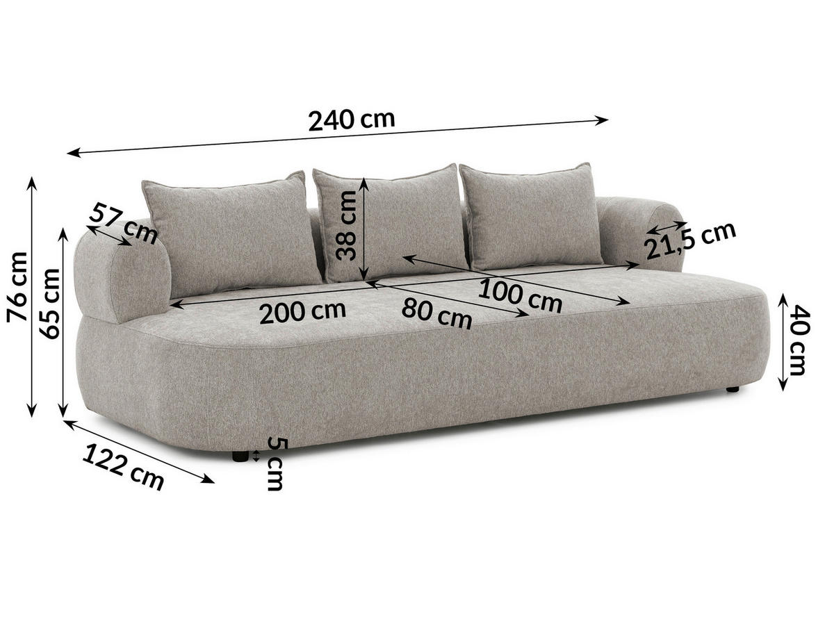 BIGSOFA in Chenille Hellgrau  - Hellgrau/Schwarz, Design, Kunststoff/Textil (240/76/122cm) - Livetastic