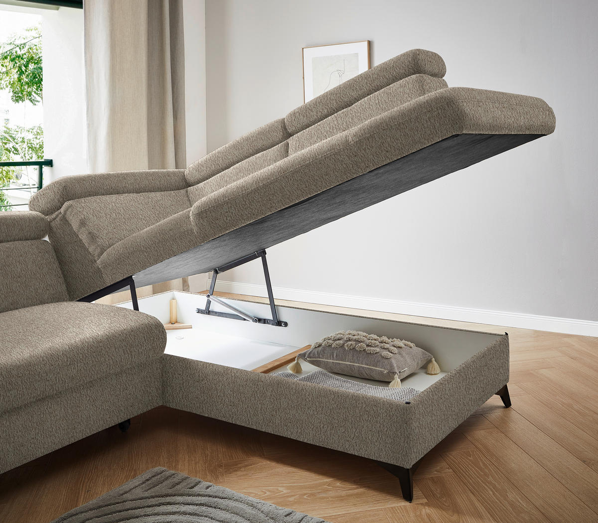 ECKSOFA in Teddystoff Greige  - Greige/Schwarz, Design, Textil/Metall (260/203cm) - Stylife