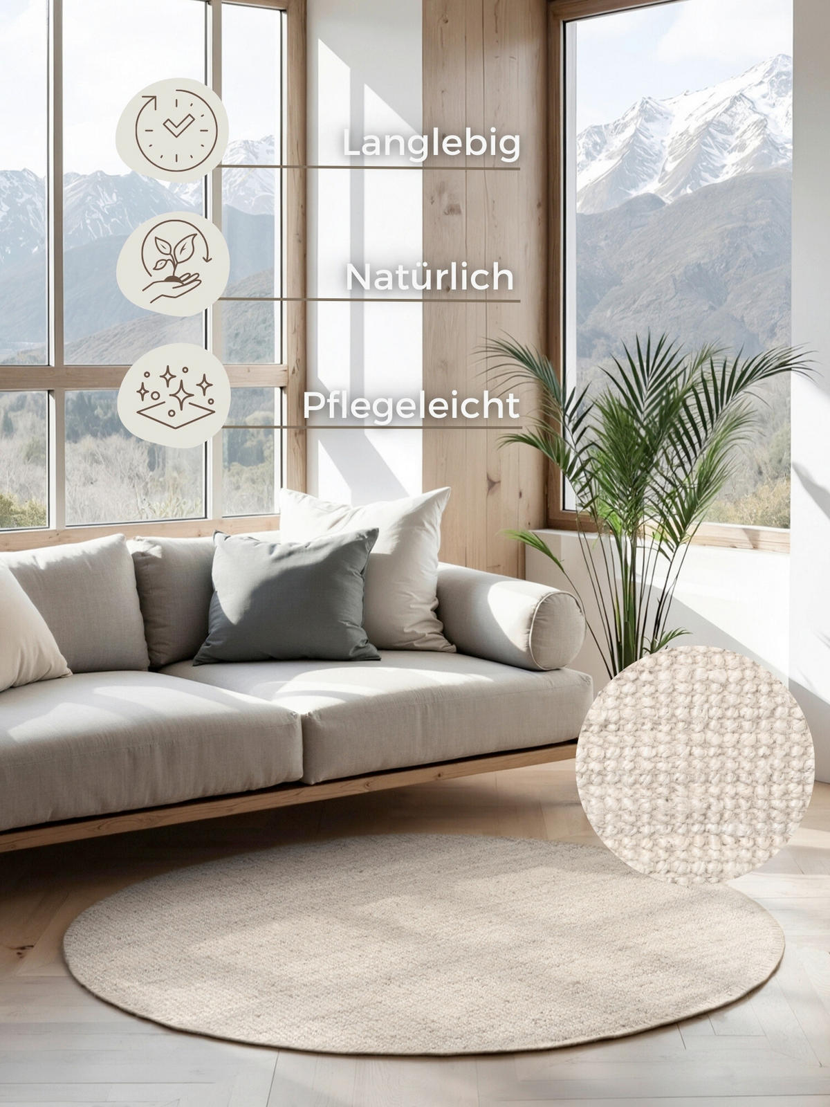 JUTETEPPICH 200 cm Bouclé Weiß rund  - Weiß, KONVENTIONELL, Textil (200cm) - Hanse Home
