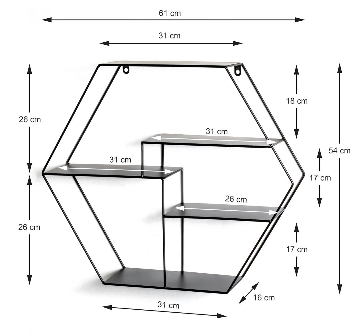 WANDREGAL 61/54/16 cm  - Schwarz, MODERN, Metall (61/54/16cm)